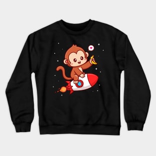 Cute Monkey Riding Rocket And Holding Banana Cartoon Crewneck Sweatshirt